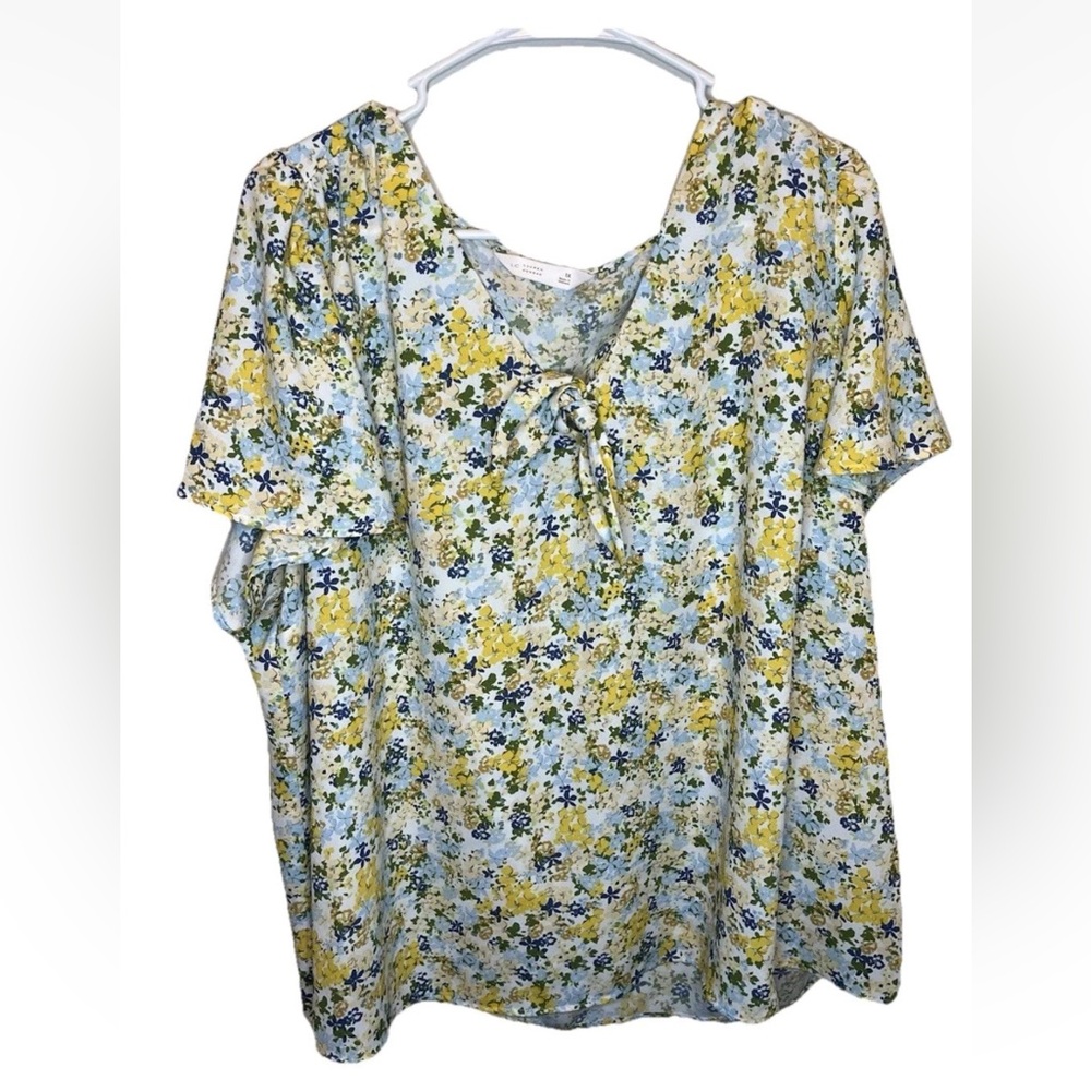 LC Lauren Conrad Peasant Blouse Floral Blue Yellow Short Sleeve EUC Size 1X Boho